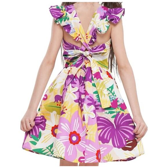 Girls Floral Cotton Dress Size 8-10 Tie Back Flutter Sleeve Hibiscus Sundress - Picture 2 of 5
